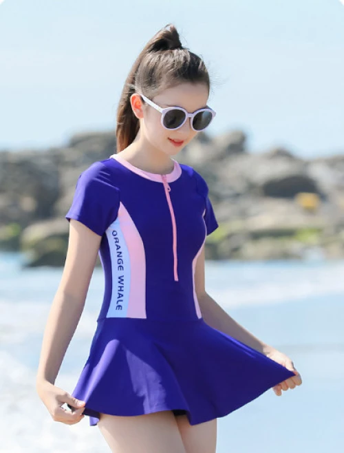Đồ bơi bé gái lớn liền váy xanh navy phối hồng (Size 8 - 18 tuổi)