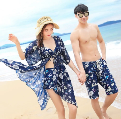 Đồ bơi Bikini kèm áo choàng hoa xanh